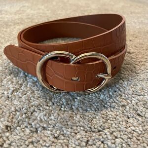 Bonded Leather Brown Double Circle Gold Buckle Belt Size S